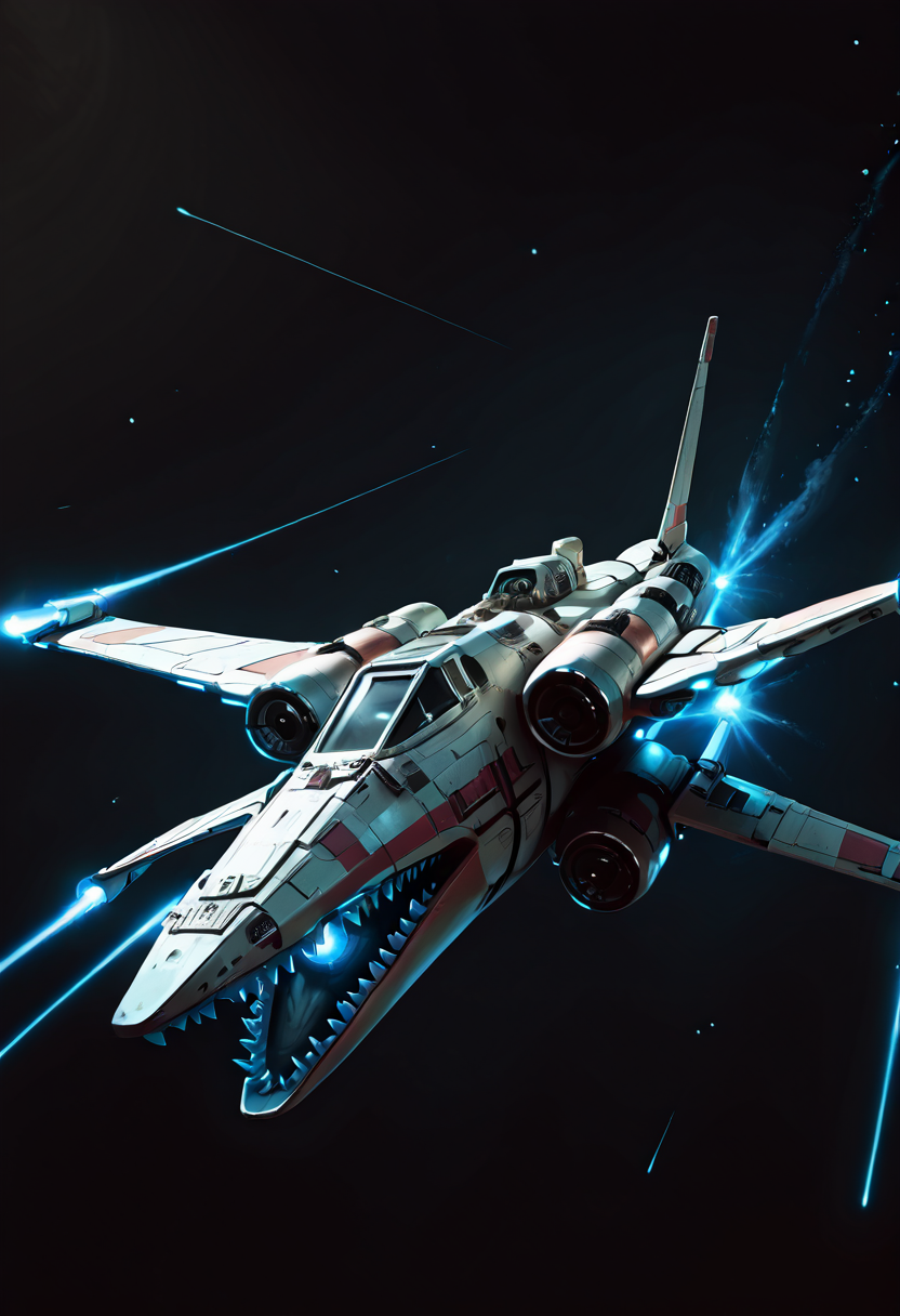 masterpiece, best quality, no humans,   ,<lora:SharkXShip_IXL:1.0>,  zzSharkXShip, gliding smoothly through the space above a glittering nebula, the shipâs body glistening under the nebulaâs swirling cosmic colors. Its shark-like fin is perfectly outlined against the nebulaâs colorful clouds, and its massive teeth are illuminated by the nearby star. The ship's glowing engines leave a trail of energy behind, highlighting its path as it glides with graceful menace. The deep space backdrop emphasizes the shipâs unique design as it prowls the vast emptiness.