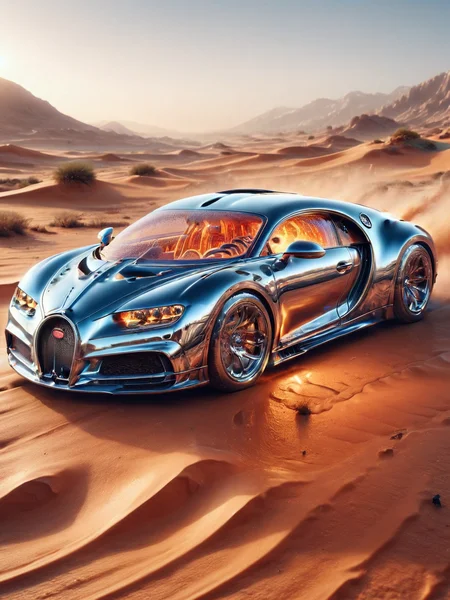 Ultra-realistic photo of a ais-moltenz Bugatti Chiron racing through a desert landscape <lora:Molten_Metal_SDXL:1>