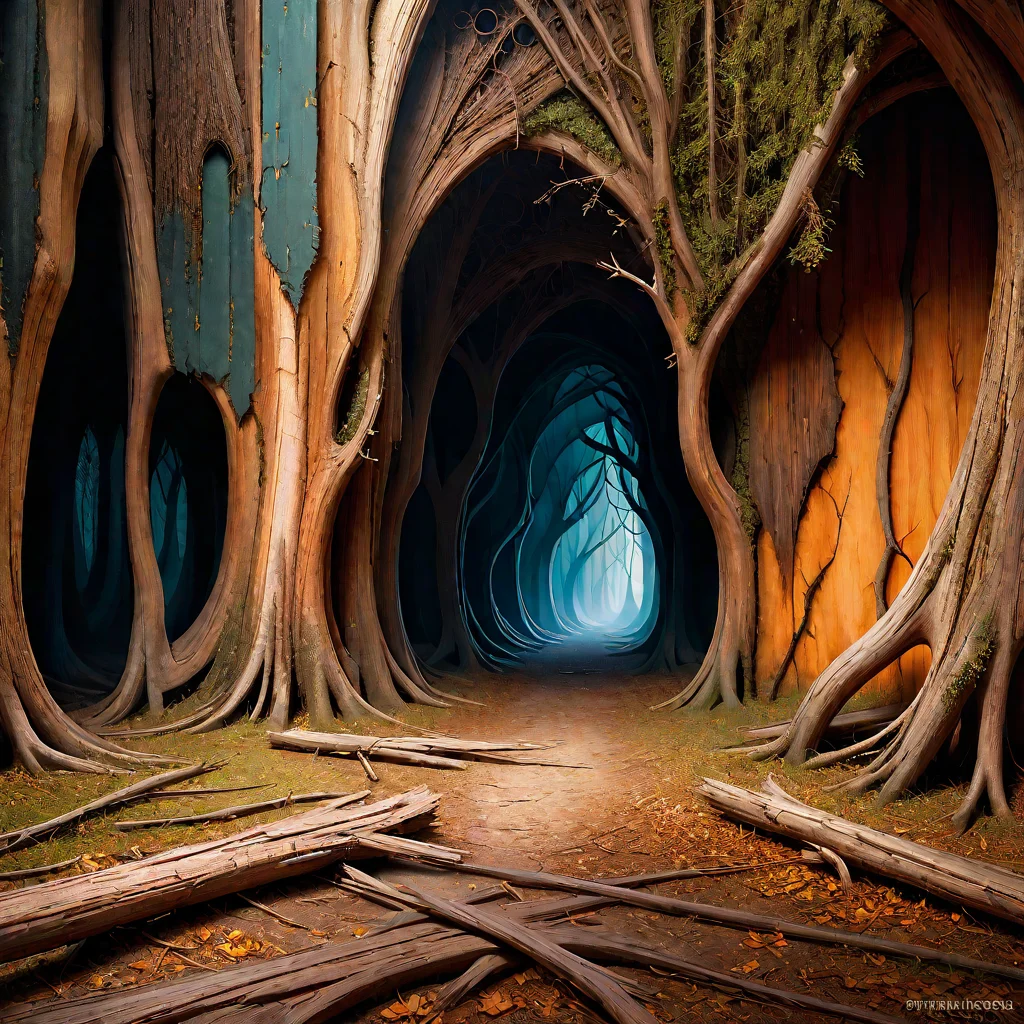 surrealism painting, 16k, (extreme detail:1.15), fine textures, ((dark shadows)), dark, sharp lines, ((decay flatwoods)), vivid colors. beautiful. revealing. masterpiece. cracked. Hungarian architecture, highly detailed, fine art, award winning, sharp, intricate details, realistic shaded lighting poster by Stephen Bliss, Eugene de Blaas, Frederic <lora:Wood-world_XL:1> in the style of wood-world_XL