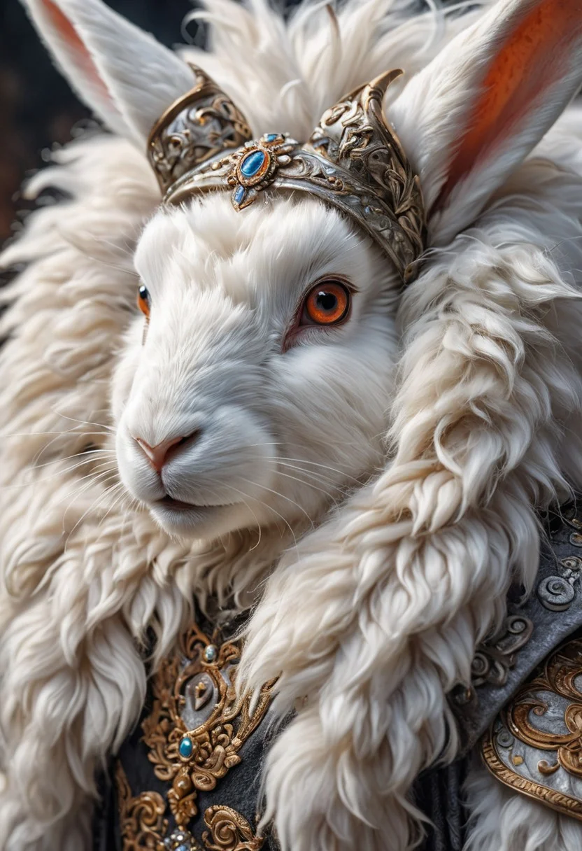 (masterpiece, best quality, stunning, highly detailed, close-up view of a rabbit-sheep hybrid creature, (intricate furs, detailed wool, luxury rabbit ears, detailed silver horns, majestic horns, silver rabbit incisors, soft hair ), dramatic lighting, HDR, (mythical, fantasy), oil painting), legendary creature, trending on artstation