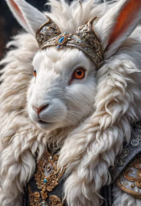 (masterpiece, best quality, stunning, highly detailed, close-up view of a rabbit-sheep hybrid creature, (intricate furs, detailed wool, luxury rabbit ears, detailed silver horns, majestic horns, silver rabbit incisors, soft hair  ), dramatic lighting, HDR, (mythical, fantasy), oil painting), legendary creature, trending on artstation