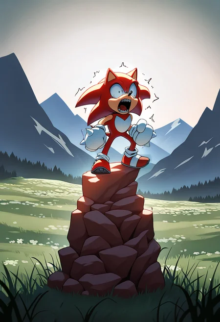 (masterpiece:1.35), (very aesthetic, best quality:1.3), vibrant, 1boy, (Knuckles \(Sonic_the_Hedgehog_Series\)), upper body, (panicking:1.3), <lora:Best_Facial_Expression_Helper_XTREME_ILLU:1> kaogei, highly detailed, intricate details, absurdres, masterful composition, cinematic lighting, fighting stance, (angry:0.5), mountain, cat costume, standing splits, meadow