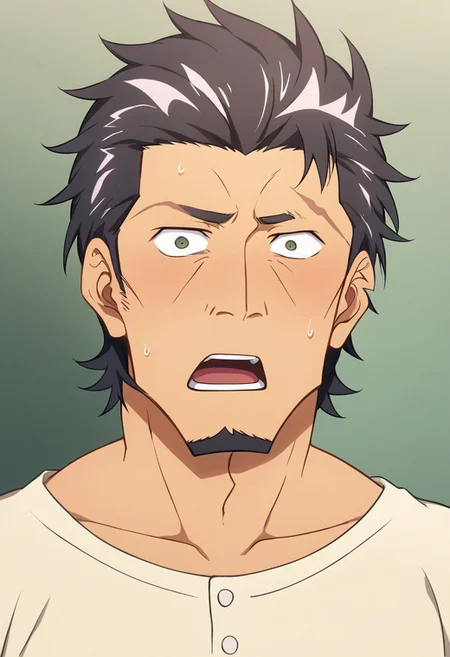 score_9, score_8_up, score_7_up, score_6_up, perfect anatomy, perfect proportions, best quality, masterpiece, high_resolution, high quality, solo male, Kaburagi, black hair, grey hair streak, multicolored hair, hair slicked back, facial hair, goatee, green eyes, sanpaku, constricted pupils, eyebrow slit, scar, white shirt, wide necked shirt, short-sleeved shirt, sleeves tucked up and buttoned, adult, mature, masculine, manly, handsome, charming, alluring, (full face blush), surprised, sweat drop, wide-eyed, sanpaku, constricted pupils, open mouth, portrait, headshot, look at viewer