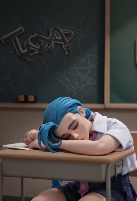 r0b0style, 3d figure, masterpiece, best quality, solo, jinx \(lol\), blue hair, white shirt covered in messy graffiti, pink tie, sitting, classroom, head on desk, sleeping,