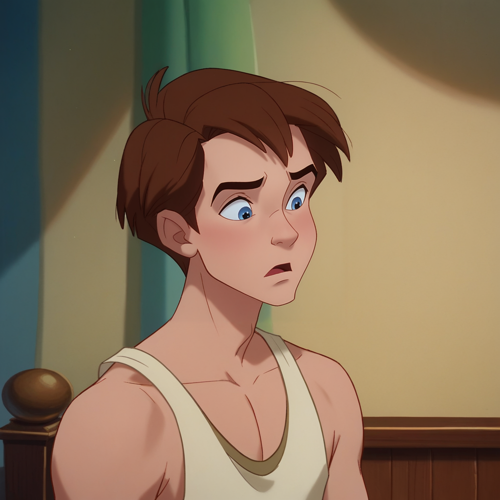 Ugly score_9_up, score_8_up, BREAK, DonBluth, 1boy, solo, brown hair, short hair, blue eyes, tank top, <lora:DonBluth_PXL_Leaf3:1>, indoors, upper body,