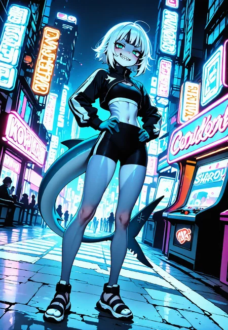 light blue skin, cool skin, anthro, shark-girl, female, solo, smug, short girl, fit, athletic build, sharp teeth, white hair, choppy bangs, teal eyes,
cropped jacket, sports bra, biker shorts, sandals
hands on hips, tail swaying
best quality, amazing quality, sharp eyes, cold tones, night, dynamic angle, expert shading, detailed,
arcade, neon lights, city street,