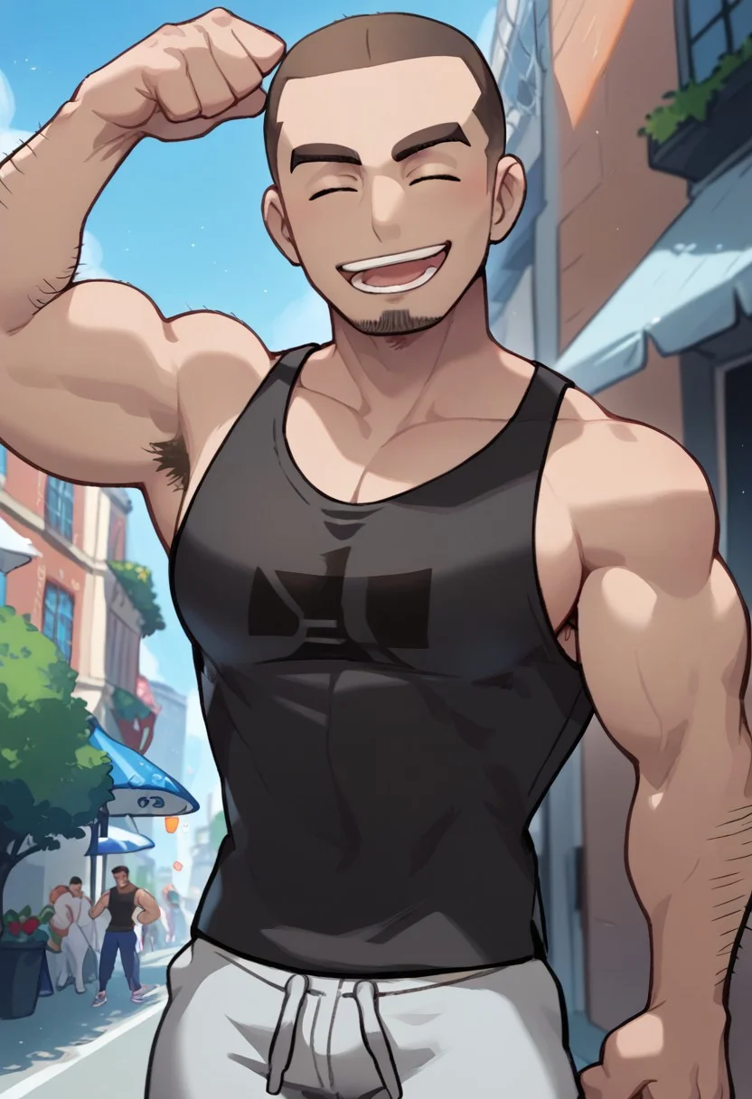 txt2img
score_9, score_8_up, score_7_up, source_anime, highly detailed, big pecs, male focus, 1boy, sideburns, standing, muscular, city background, Expressiveh, city background, closed eyes, open mouth, smile, flexing both arms, looking down at viewer
POKEMON_BuffGuy, hairy arms, buzz cut, goatee, big pectorals, brown hair, facial hair, thick eyebrows
black tank top, demin tight pants,
pokemon