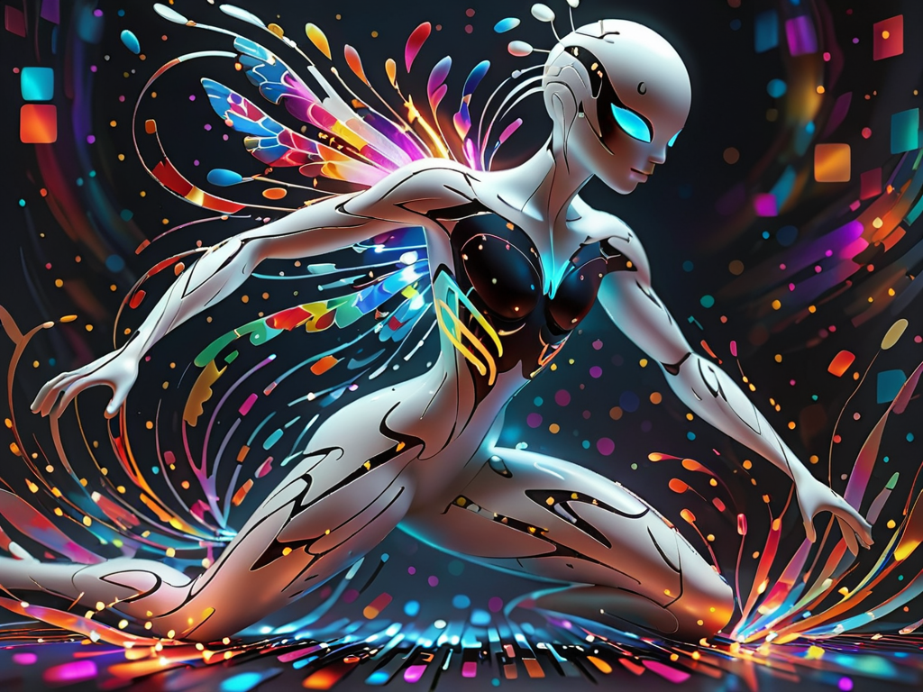 <lora:artfullyHOLOGRAPH_SDXL_V1:1>,arthlgrm,
A digital illustration of a sleek, futuristic figure in a form-fitting dark bodysuit with a smooth white helmet-like head and glowing blue eyes. Multicolored energy trails extend from behind, creating a vibrant, ethereal effect. Beside this figure, an ethereal character in a flowing white dress dances gracefully, her hair intertwined with light and butterflies. The background features colorful, abstract floral and butterfly elements. Nearby, a dynamic, dark figure in a crouching stance is adorned with glowing white lines tracing its form, surrounded by sparkling lights and blurred, colorful orbs. The scene combines futuristic elegance and ethereal beauty