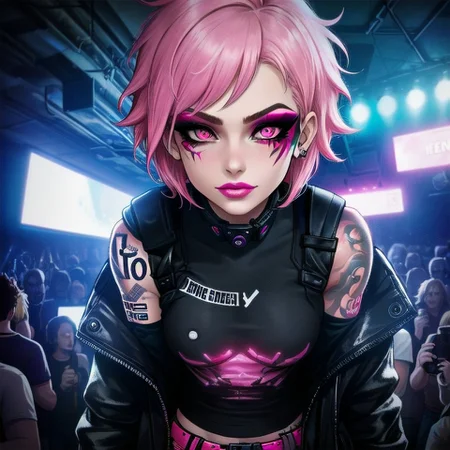 close-up, night club, underground club, neon lights, a punk female, makeup, short pink hair, tattoo, techwear outfit, crowd, industrial, perfection, beautiful, masterpiece