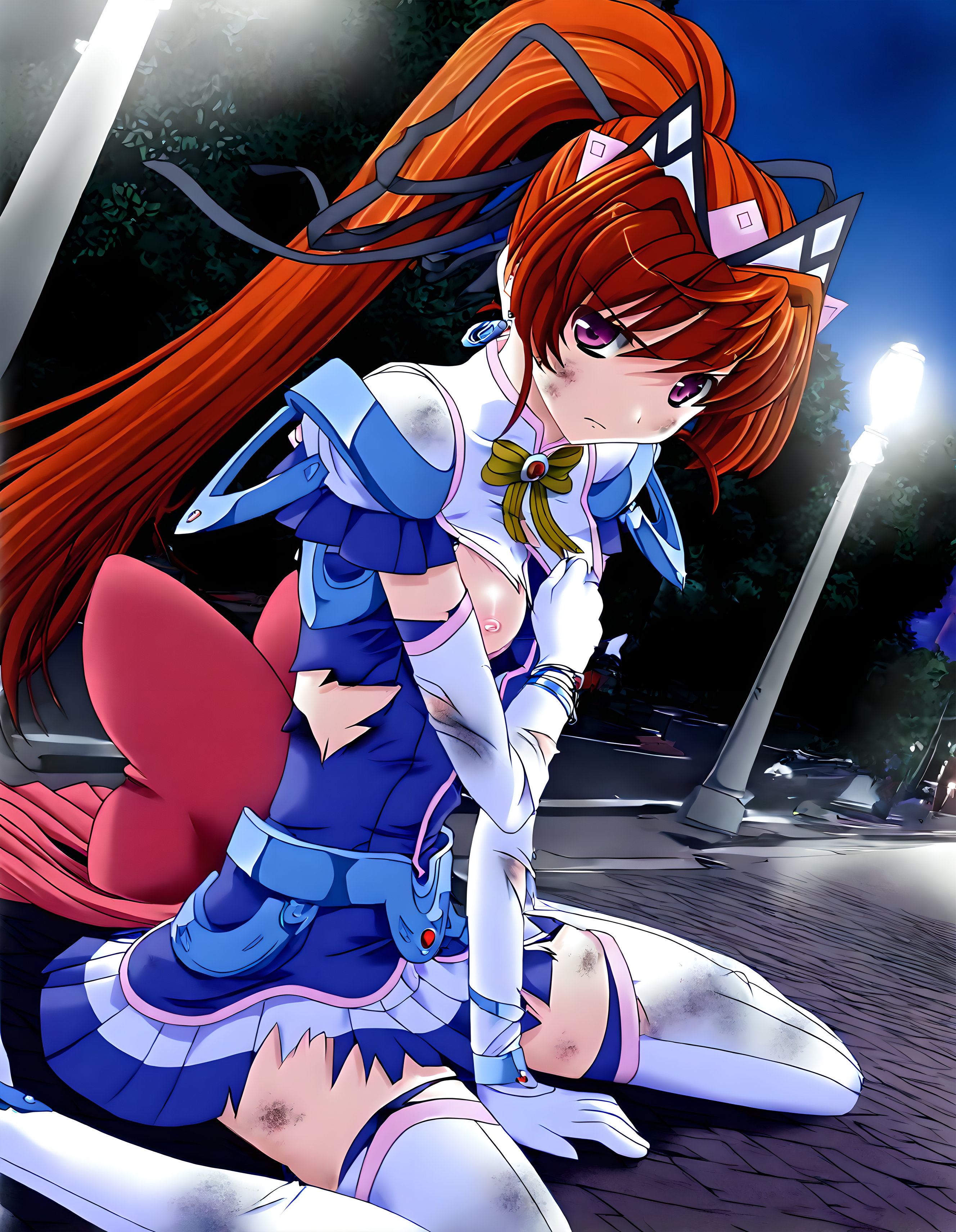 <lora:illustrious_XL_arisu:0.9>,arisu,masterpiece,best quality,good quality,1girl,solo,one breast exposure,elbow gloves,skirt,thigh boots,dirty_clothes,torn_clothes,night,street,lamppost,wariza,arm_support,covering_chest_by_hand,looking_at_viewer,cowboy_shot,frustrating,endured_face,