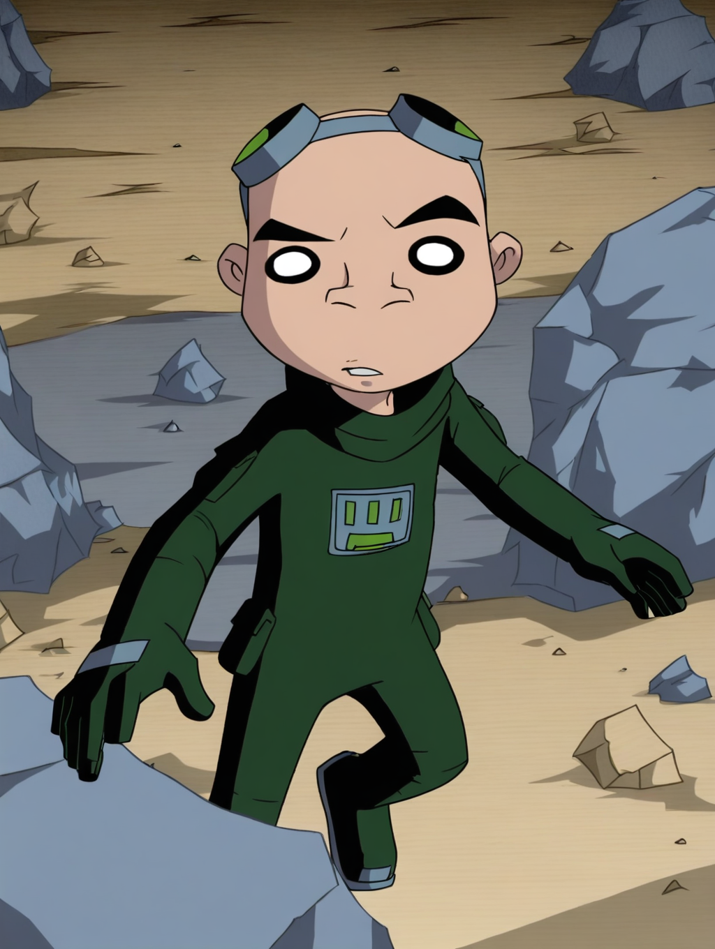 <lora:Gizmo-TT-illustrious:1>,gizmo-tt, 1boy, male focus, solo, bald, goggles on head, bodysuit,gloves,
