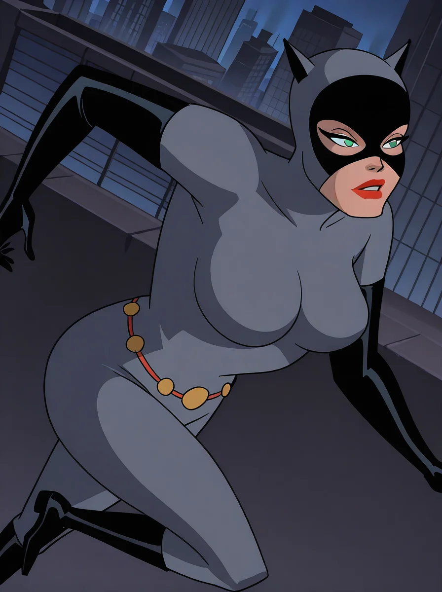 <lora:Catwoman_-_batman_animated_illust_v1:1>, c4tw0m4n, 1girl, mature woman, grey bodysuit, grey mask, green eyes, red lips, large breasts, gold belt, black elbow gloves, black boots, from above, running, rooftops, from side, dutch angle, , outdoors, cityscape, gotham city, <lora:dcau234-illu3_r1:0.4> , <lora:takeda_hiromitsu_style_illustrious_goofy:0.5>