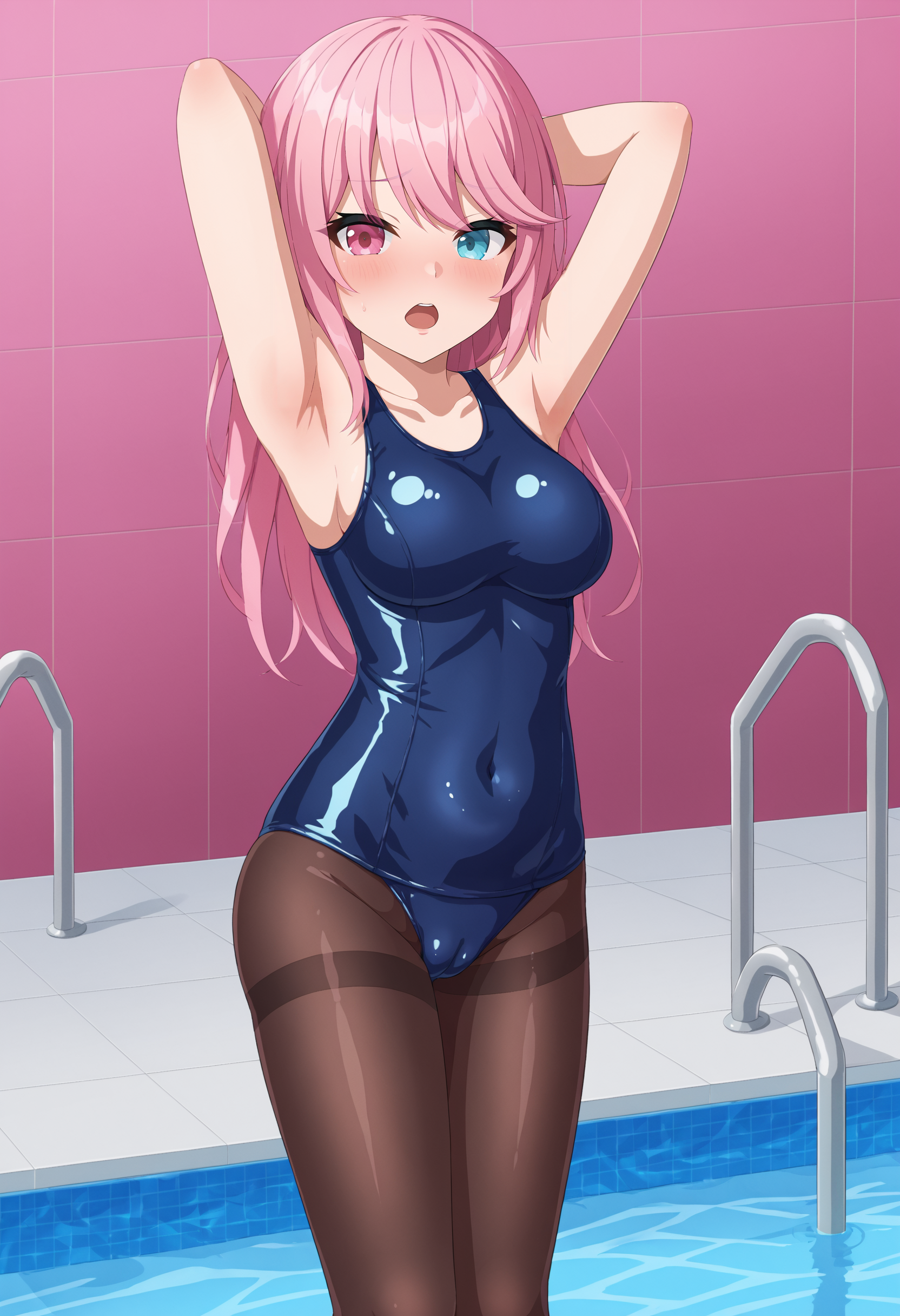 1girl, heterochromia, pink hair, swimsuit, latex pattern, one-piece swimsuit, pantyhose, pool, looking at viewer, open mouth, blush, armpits, breast, covered navel, [camel toe], school swimsuit, pool background, arms behind head, blue one-piece swimsuit, arms up