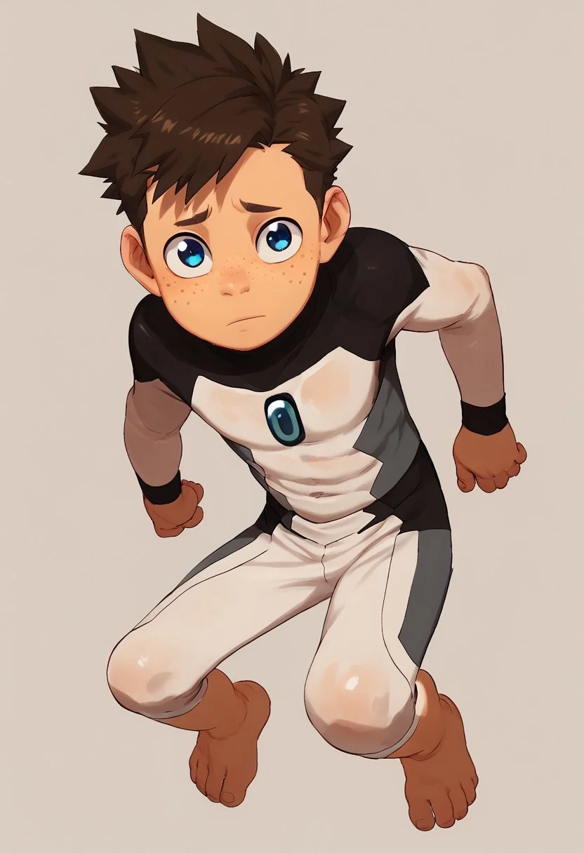 score_9, score_8_up, score_7_up,1boy, solo, cute boy, Koji, Blue Eyes, Brown Hair, Freckles, Bodysuit, Barefoot