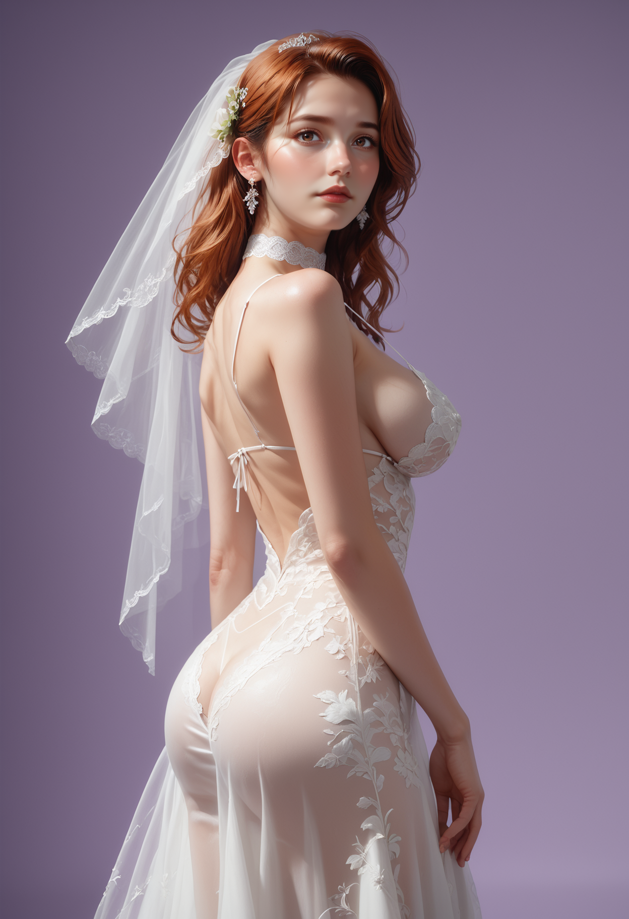 score_9, score_8_up, score_7_up, score_7, score_6_up, score_5_up, portrait, beautiful woman, milf portrayed in her naturalness:sensual,noble,pure and self-confident,soft,sporty, reij-pr01, white long wedding dress, silk dress, white choker, spaghetti straps, white veil, white earrings <lora:pure01-000005:0.9>, upper body, simple purple background, red lips, standing, copper hair, brown eyes, pinup posing, shy, looking at viewer, backview, perfect round ass