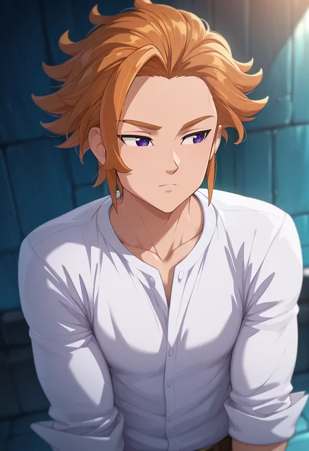 masterpiece, best quality, , (3d:0.4), , 1boy, solo, male focus, <lora:arthur_pendragon_ilxl:0.96>, arthur_pendragon, orange hair, purple eyes, short hair, ,
