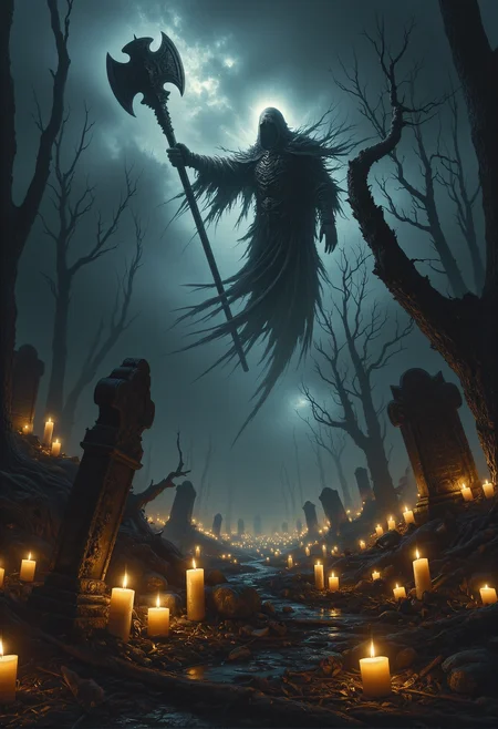 Art by Ben Templesmith and HR Giger, fantasy painting of a spectral figure with a long, tattered robe, floating ominously above an ancient, desolate graveyard under the cover of night. The ghost is illuminated by a faint beige glow, casting an eerie, ethereal light across the scene. Its robe, shredded and flowing, gives it a haunting appearance as it grips a massive, battle-worn warhammer, its head cracked and scarred from countless battles, swaying menacingly in the air. The graveyard is filled with broken and toppled gravestones, the remnants of its forgotten past. The ground is dotted with countless glowing tealights, their flickering flames casting haunting shadows. The background is wrapped in mist, with distant silhouettes of gnarled trees barely visible, creating an atmosphere of deep mystery and foreboding. The scene is rendered in cel shading, blending dark fantasy with a gothic aesthetic, evoking an ominous yet captivating mood. <lora:Midjourney_Dreamlike_Fantasy_FLUX_LoRA.safetensors:0.3>, <lora:Dever_Flux_Enhancer.safetensors:0.5>, <lora:Flux_-_Renaissance_art_style.safetensors:0.3>, <lora:aiai-Glimra-Flux-Dev-v2.safetensors:0.25>, <lora:Movie_Portrait.safetensors:0.4>, <lora:- Flux1 - soothing_atmo_V2.0.safetensors:0.2>, <lora:lith_mimosa_kiel_grw134_FLUX.safetensors:0.35>, <lora:zhongfenghuaStyle_FLUX_ Lora.safetensors:0.5>,
