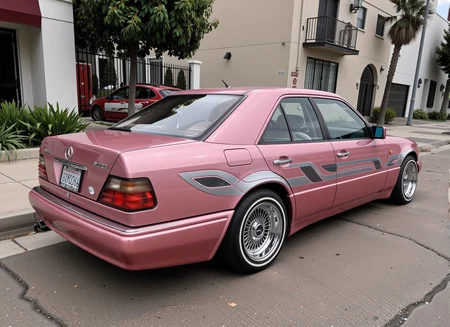 a mercedes W124 lowrider, pink metalflake paint with grey and white straight line designs on it, white sidewall tires, chrome wire wheels, in a los angeles street <lora:w124_flux:1> <lora:lowrider:1>