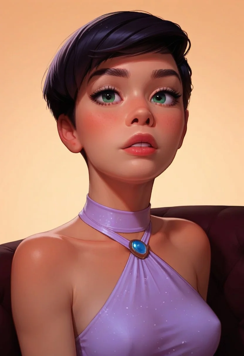 score_9, score_8_up, score_8_up, source_cartoon, solo_focus, stunningly beautiful girl, perfect face, cute, delicate features, elegant, pinup pose, stunningly beautiful green eyes, black hair, short hair, ((pixie cut)), detailed irises, perfect eyes, female, 1girl, blush, lounge, jazz club, lounge singer, on stage, microphone, nice dress, slender, petite, at night time, cowboy shot, 3/4 view,