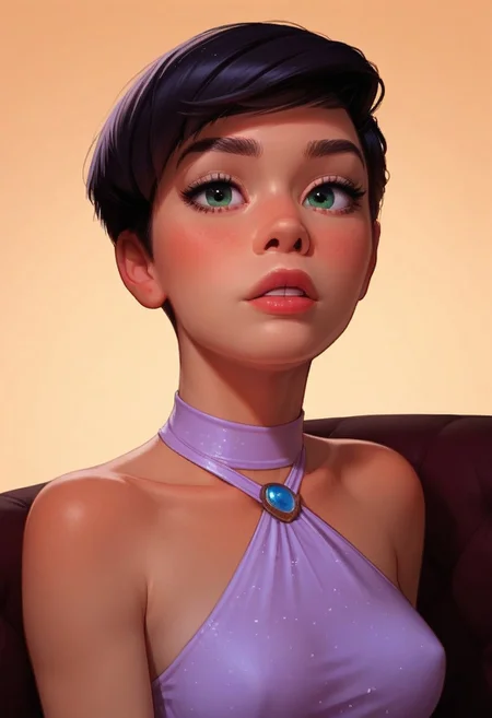 score_9, score_8_up, score_8_up, source_cartoon, solo_focus, stunningly beautiful girl, perfect face, cute, delicate features, elegant, pinup pose, stunningly beautiful green eyes, black hair, short hair, ((pixie cut)), detailed irises, perfect eyes, female, 1girl, blush, lounge, jazz club, lounge singer, on stage, microphone, nice dress, slender, petite, at night time, cowboy shot, 3/4 view,