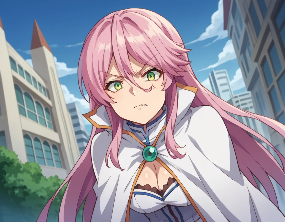 score_9, score_8_up, score_7_up, source_anime,
flarearlgrandejioral, <lora:flare-arlgrande-jioral-ponyxl-lora-nochekaiser:1>
flare arlgrande jioral, long hair, pink hair, hair between eyes,
green eyes, dress, white dress, cleavage, cape, white cape, high collar, skirt,
outdoors, cityscape, angry, anger vein, bent over,
looking at viewer, dutch angle, cowboy shot,
