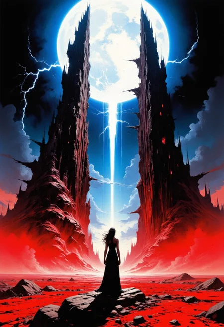 This is a digital illustration depicting a desolate, red-hued landscape with a large, glowing full moon overhead, casting an eerie blue light. Central to the image are two towering, vertical structures resembling ancient ruins, with a lone female figure with long hair and a log flowing dress standing between them. The sky is dark, with streaks of lightning adding to the ominous atmosphere. The camera angle is low and centered, emphasizing the grandeur of the ruins and the isolation of the figure.