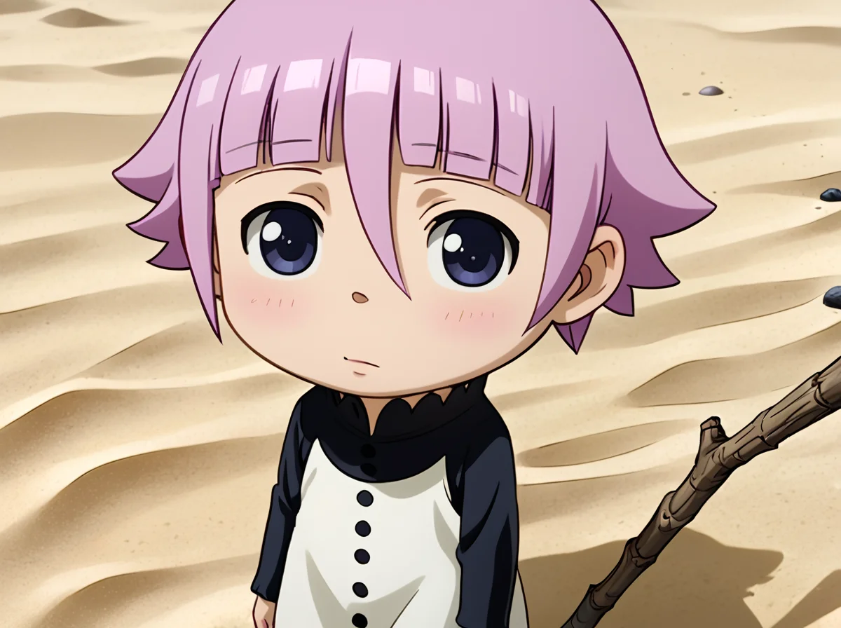 score_9, score_8_up, score_7_up, score_6_up, score_5_up, score_4_up, BREAK source_anime,
<lora:soul_eater_pony:0.8>,overall detail,detailed shadows,realistic lights,low contrast,eye detail,
souleaterstyle,score_9,crona,chibi,1girl,solo,short hair,dress,pink hair,purple hair,shadow,beach,sand,stick