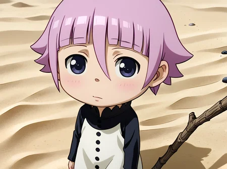 score_9, score_8_up, score_7_up, score_6_up, score_5_up, score_4_up, BREAK source_anime,
<lora:soul_eater_pony:0.8>,overall detail,detailed shadows,realistic lights,low contrast,eye detail,
souleaterstyle,score_9,crona,chibi,1girl,solo,short hair,dress,pink hair,purple hair,shadow,beach,sand,stick