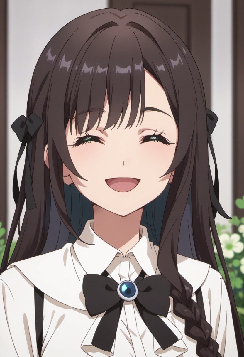 score_9, score_8_up, score_7_up, source_anime, clover alina, dark brown hair, green eyes, long hair, 1girl, solo, closed eyes, bow, shirt, smile, black bow, facing viewer, white shirt, open mouth, braid, black bowtie, bowtie, collared shirt