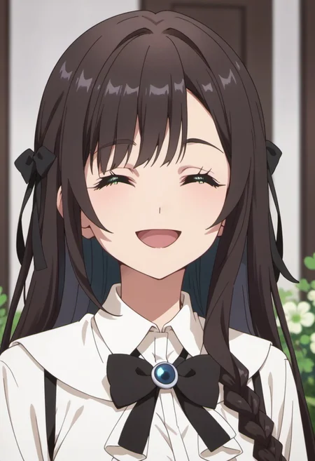score_9, score_8_up, score_7_up, source_anime, clover alina, dark brown hair, green eyes, long hair, 1girl, solo, closed eyes, bow, shirt, smile, black bow, facing viewer, white shirt, open mouth, braid, black bowtie, bowtie, collared shirt