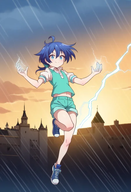 score_9, score_8_up, score_7_up, source_anime BREAK looking at viewer, solo, 1girl, full body,
<lora:LloydDwnstyPdxl:1>, lloyd_def, blue eyes, blue hair, short hair, low ponytail, hair between eyes, hair bow, shorts, puffy short sleeves, ahoge, collared shirt, vest, blue sneakers,
evil smile, hands up, magic, lightning, electricity, electrokinesis,
outdoors, cloudy sky, rain, castle, confused, sunlight, cinematic lightning, midair, flying, floating hair, speed lines, leg up,
<lora:7thPrinzIsekaiDwnstyArtstyle:1>,