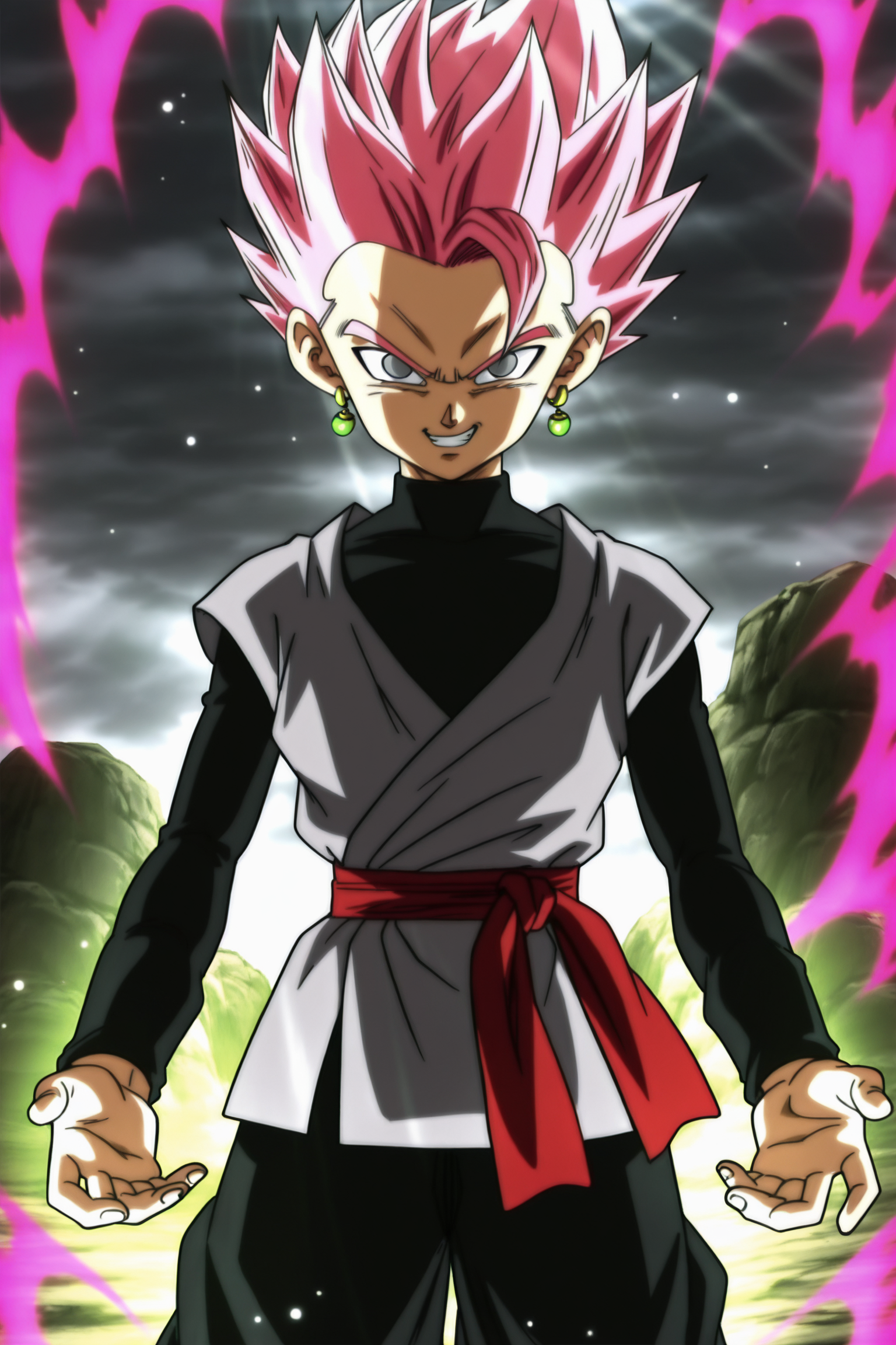 anime screencap, masterpiece, best quality, amazing quality, very aesthetic, absurdres,  newest, (scenery, volumetric lighting), dappled sunlight, light particles, light rays, official style,  
cabba, super saiyan rose, spiked hair, pink hair, grey eyes, no pupils, rose aura,
goku black outfit, long sleeves, dougi, red sash, black pants, puffy pants, grey topwear, black undershirt, potara earrings, turtleneck,
evil smile, teeth, grin, 1boy, cloudy sky, rock, cowboy shot, looking at viewer, 
<lora:Universe_6_Saiyans_IL:0.8>