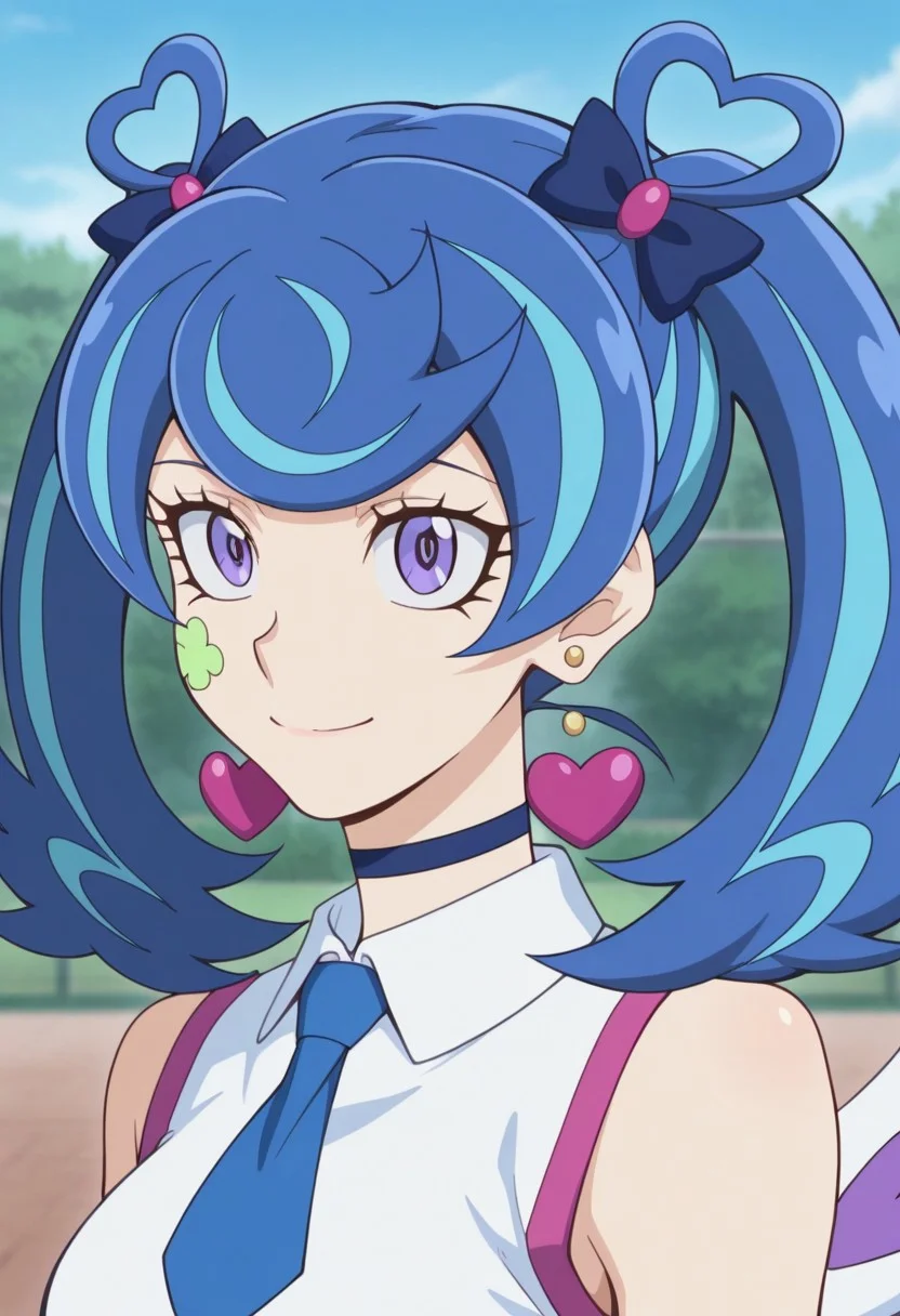 masterpiece,best quality,amazing quality, source_anime,
AoiZaizen,1girl, solo, blue angel outfit, purple eyes, blue hair, multicolored hair, hair bow, choker, twintails, facial tattoo, earring, heart earrings, shirt, white shirt, sleeveless, necktie, blue necktie, smile
outdoor,