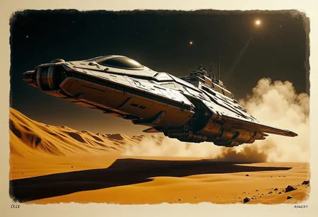 expressive poster ink art on rice paper, sepia, henna , Silhouette Art, magnificent, broad expressive brushstrokes, in the style of cksx, dynamic angle shot of a VTOL ckspaceship gunship taking off vertically from an arid planet surface, dark starry sky, meteor shower