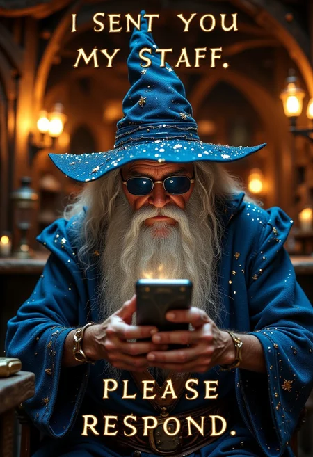 A grumpy old wizard with a long white beard, wearing a starry blue robe and wizard hat, sits in a dimly lit medieval tavern. The setting is warm and cozy, with wooden beams and glowing lanterns in the background. The wizard is holding a smartphone, staring at it through dark sunglasses. The text on the image reads 'I SENT YOU MY STAFF, PLEASE RESPOND' in bold, golden letters. The humorous scene contrasts ancient magic with modern technology, creating a funny, whimsical atmosphere, hkmagic