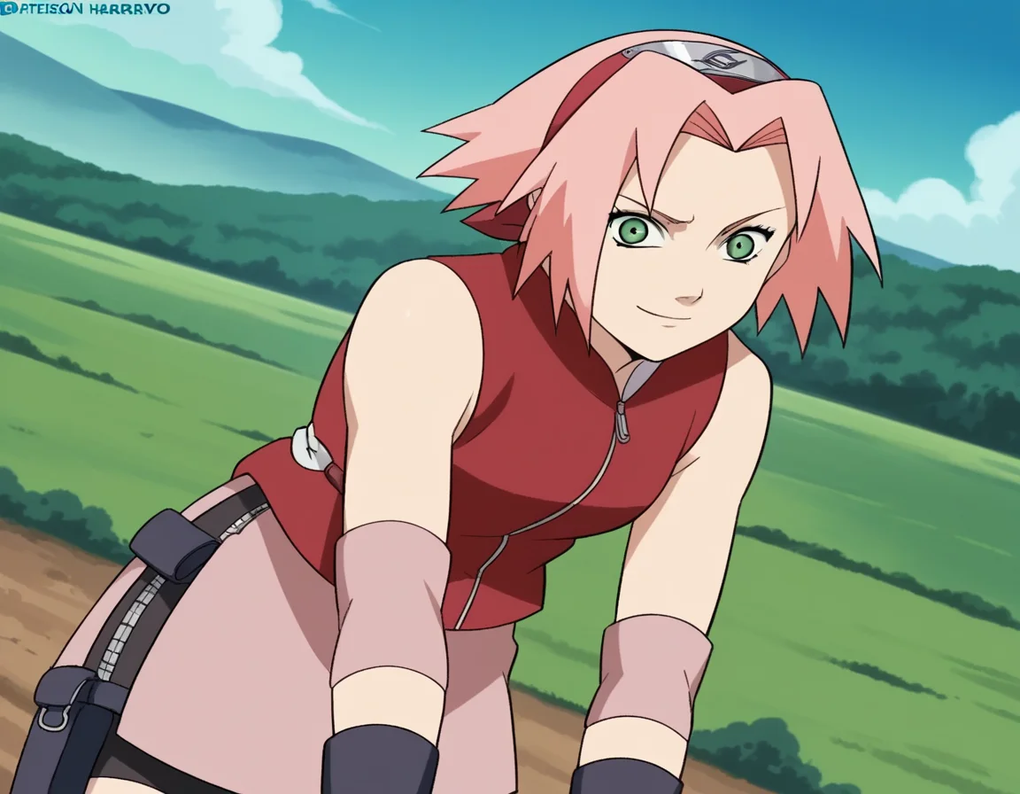 score_9, score_8_up, score_7_up, source_anime,
sakuraharuno, <lora:sakura-haruno-shippuden-s1-ponyxl-lora-nochekaiser:1>,
sakura haruno, short hair, green eyes, pink hair, parted bangs, hairband, forehead protector,
gloves, green eyes, sleeveless, black gloves, red shirt, zipper, forehead protector, konohagakure symbol, boots, bike shorts, zipper, toeless footwear,
outdoors, landscape, smile, bent over,
cowboy shot, looking at viewer, solo, dutch angle,