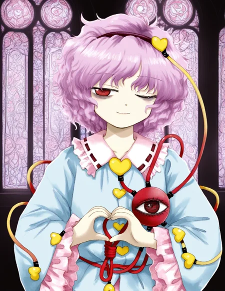 masterpiece, best quality, very aesthetic, absurdres, EoSD, solo, 1girl, komeiji satori, yellow ribbon, pink hair, medium hair, curly hair, red eyes, looking at viewer, white shirt collar, ribbon-trimmed collar, heart hair ornament, flat chest, blue shirt, pink frills, upper body, bags under eyes, one eye closed, half-closed eye, heart hands, smile, third eye, heart of string, indoors, night, chireiden, stained glass, vignetting, <lora:EoSD:1>
