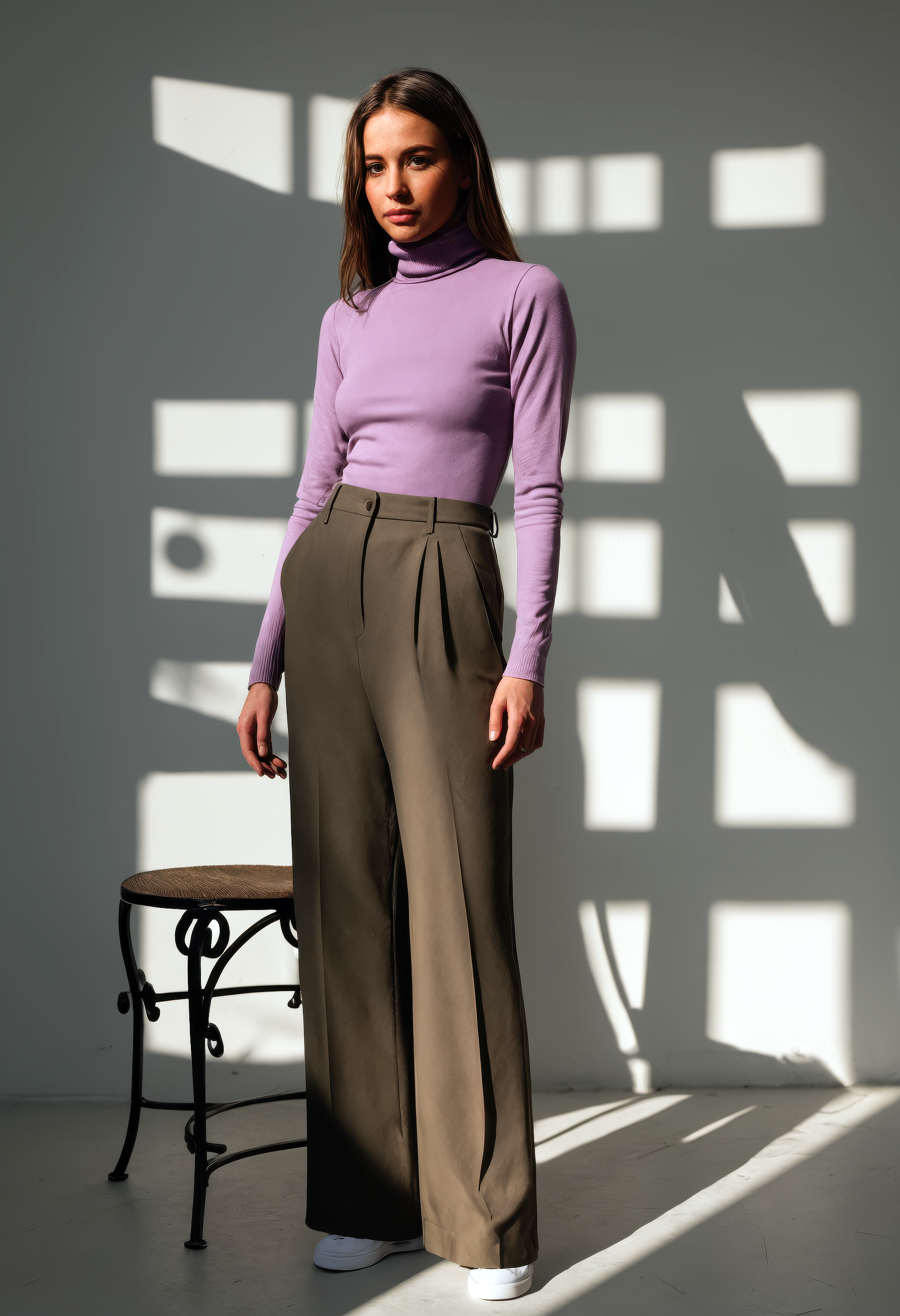 conservative woman, solarium with wrought iron furniture, wearing wide-leg pants with a tucked-in long sleeve turtleneck, modest face expression, full body, sdxl_cyberpositive_photo