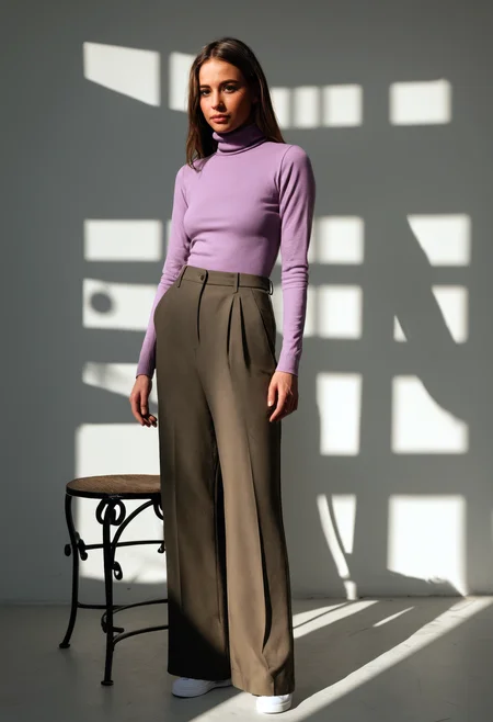 conservative woman, solarium with wrought iron furniture, wearing wide-leg pants with a tucked-in long sleeve turtleneck, modest face expression, full body, sdxl_cyberpositive_photo
