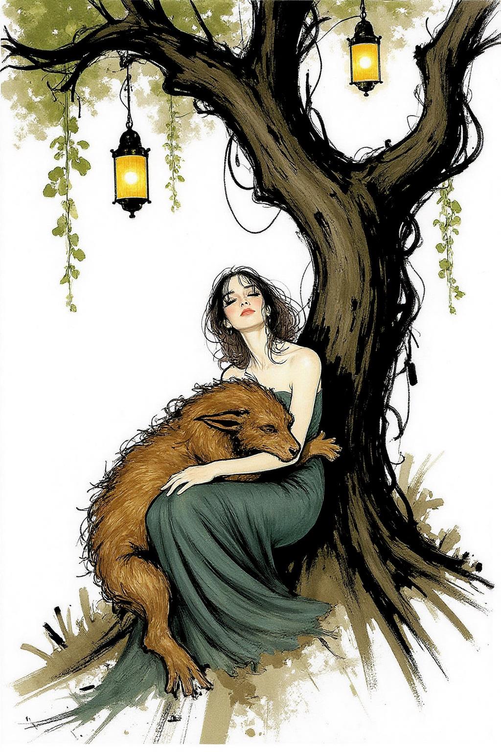 regr1 illustration.  A beautiful woman and a sleeping demon. The woman sits gracefully under a sprawling tree with lush, curving branches and hanging vines. Her expression is calm and serene as she gazes thoughtfully into the distance. Resting his head gently on her lap is a large demon with a powerful, otherworldly presence. The demon, though fearsome in size, appears vulnerable as he lies beside her. His skin has a muted, earthy tone, and his features--sharp and beastly--are softened by a look of weary contentment. His claws are retracted, and he exudes a mixture of strength and peace in her presence. The tree's twisted branches arc above them, framing the scene like a natural canopy. Golden lamps hang from the tree, casting warm, soft light, illuminating the two figures in a magical glow. background is stark white <lora:regr3_shoujo_nocap_d6a3:1.0><lora:808055052863344203:0>