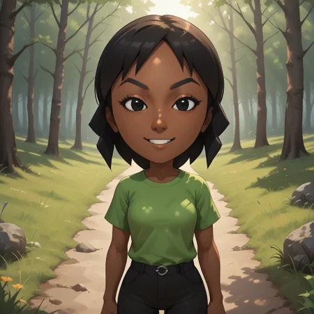 score_9, score_8, BREAK, solo, mii, wii, 1girl, female mii, wii sports, cute, black hair, black eyes, black eyebrows, light green clothing, black pants, shoes, dark skin, dark skin female, Haru_(Wii_Sports), nintendo mii, modern_mii, classic_mii, (((adult female, mature female, breasts))), sexy pose, self portrait, smile, outdoors, sunlight, shadows, evening lighting, natural lighting, forest, trees, grass, orange sky, sunset