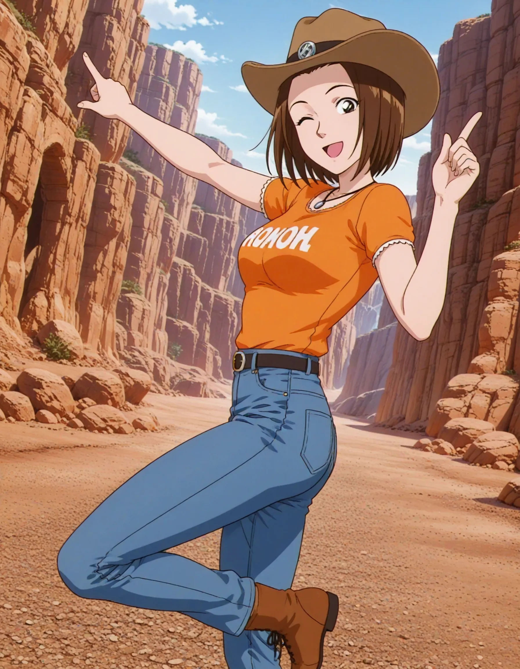 1girl,solo,masterpiece,best quality, anime screenshot,1990s \(style\),
<lora:clothing_store_clerk242_conan_v1_IL:0.7>,cscwoman,brown hair,short hair,necklace,breasts,orange shirt,short sleeves,black belt,tight shirt,jeans,clothes writing, breasts,cowboy hat, pointing, forehead, 
looking at viewer,outdoors,open mouth,smile,<lora:dmd2_sdxl_4step:1>,happy,from side,hand up, looking to the side, one eye closed, canyon,foot out of frame,