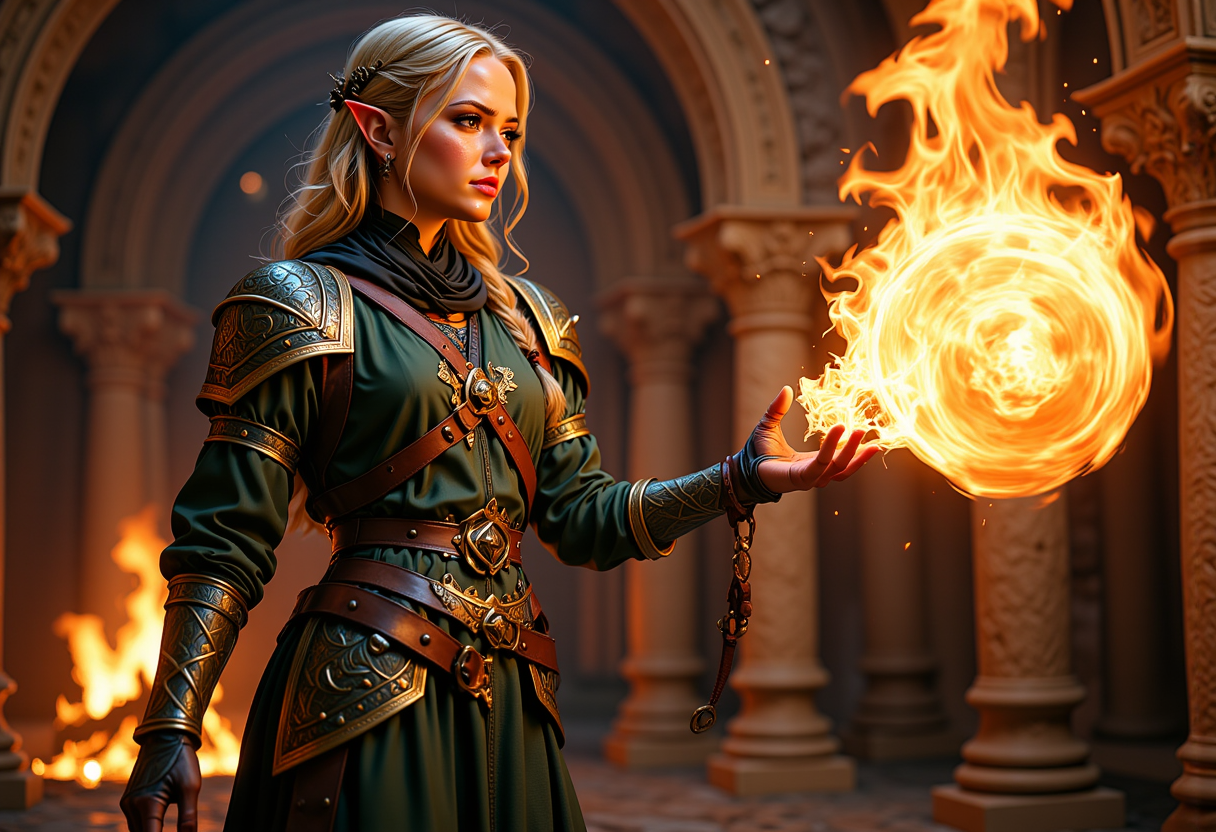 Full body view, Headshots, masterpiece, a beautiful woman, Hyperrealistic, she is smiling, dynamic angles, multiple angles, photoshoot poses; A photo of reai, a woman with blonde hair, she has massive breasts, a beautiful girl,  wearing earrings and a necklace. She is standing in a forboding evil wizards lair, she is wearing ornate green and metal armor, and leather boots. she is casting a magic fireball spell. The scene is a forboding and dangerous, well-lit environment, with a dynamic pose and a sense of action. and the lighting is soft, creating a dramatic effect, and creating a focused and dynamic pose. The scene is set in a beautiful, well-lit environment, with a sense of action and adventure. Style: realistic hyper-detailed rendering, 32k UHD, expressive eyes, punk, graphic design, girl's face, pretty and cute, gleaming lips, telling a tale of adventure. Exuding confidence and serenity. The overall mood of the image is happy and relaxed, with detailed skin texture (blush:0.2),(goosebumps:0.3), subsurface scattering,  a playful and whimsical tone,perfect hand, hand, detailed hand,niji style,retro50s_style,

