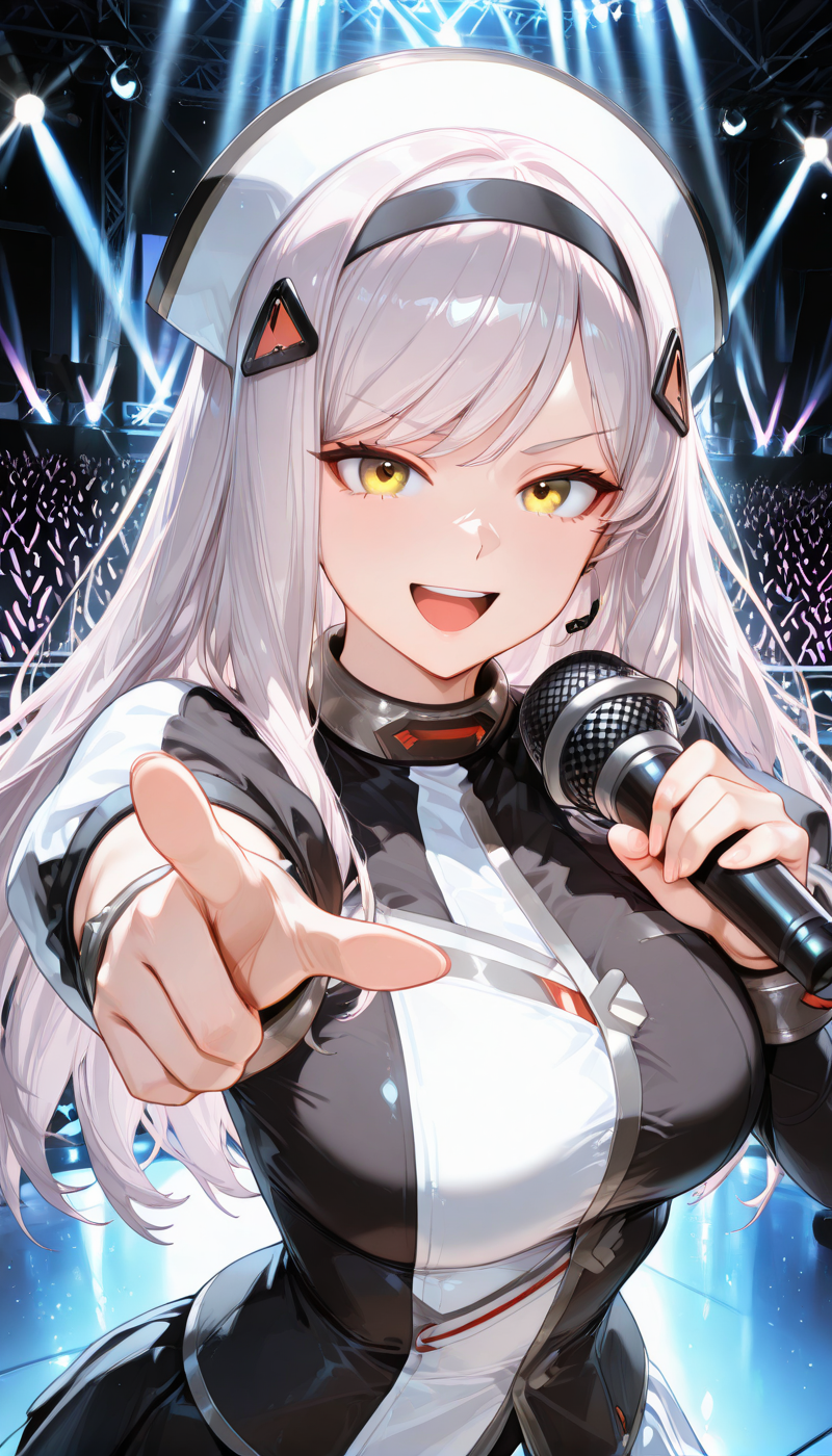 <lora:LCMTurboMix_Euler_A_fix:1> <lora:example_SDXL:0.3>, EZRealPONYXL, <lora:Dramatic Lighting Slider:3> 
DSLR,realistic,cosplay photo, (very awa,masterpiece,best quality,year 2024,newest,absurdres,highres:1), realistic,skin texture,facial features, photography shot with Canon EOS 5D Mark IV , realistic, RAW, best quality, masterpiece, amazing quality, skin details,
1girl, highly detailed beautiful face, large natural breasts,
detailed background, shiny skin, dutch angle, night, moonlight,
beautiful detailed eyes, intricate details, absurdres, anime screencap,
 <lora:BlackLilith_LastOrigin_ILXL_kill0825:1>
ROBlackLilith, 1girl, solo, long hair, breasts, looking at viewer, smile, open mouth, shirt, large breasts, skirt, long sleeves, hair ornament, dress, hat, holding, upper body, yellow eyes, white hair, grey hair, :d, hairband, teeth, white dress, black shirt, v-shaped eyebrows, upper teeth only, white headwear, black hairband, pointing, multicolored clothes, microphone, music, two-tone dress, holding microphone, idol, singing, pointing at viewer, multicolored dress, two-tone shirt, crowd, stage, idol clothes, black headband, spotlight, glowstick, stage lights, stadium, concert, audience, puffy sleeves, nurse cap