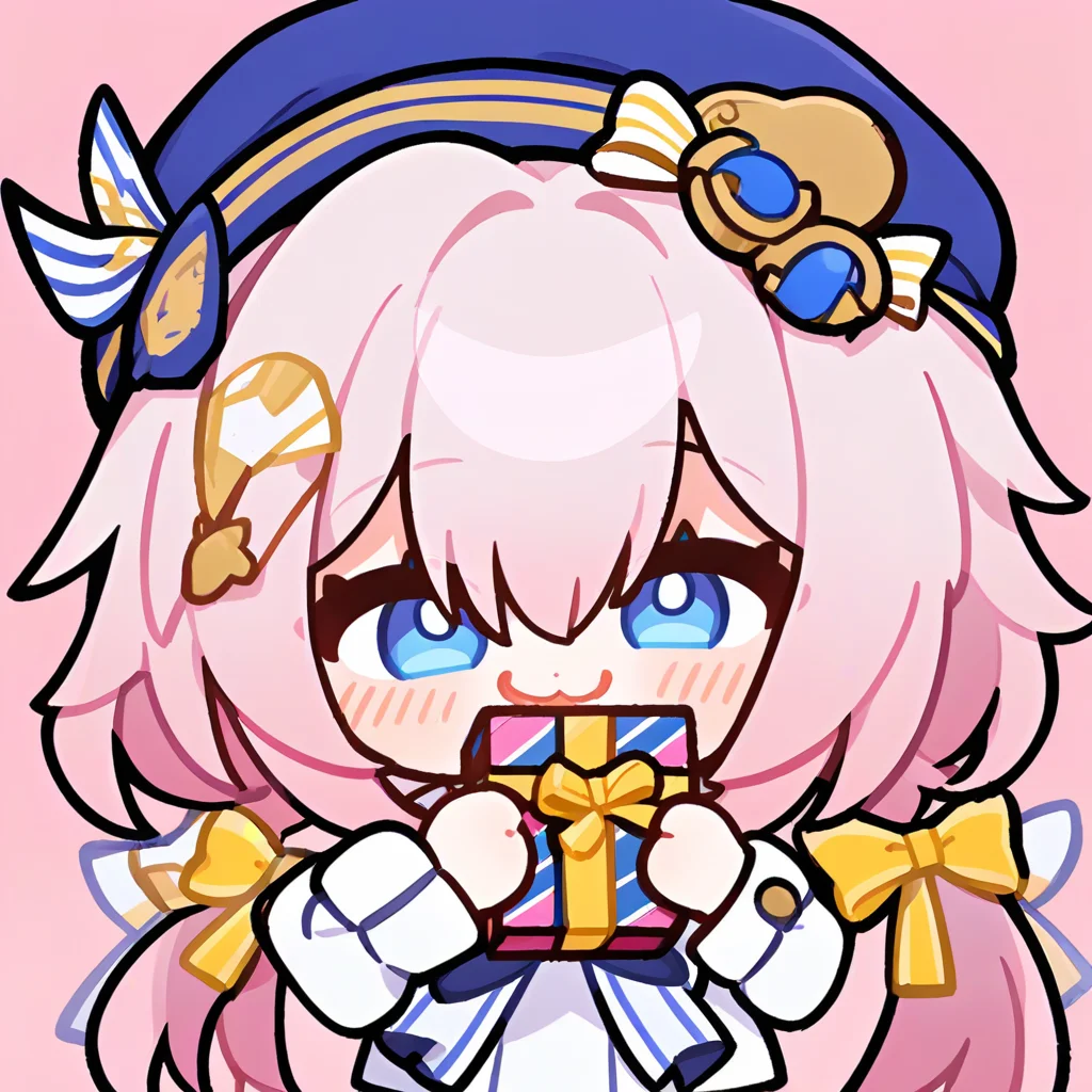 1girl,solo,beret,hat,braid,blue headwear,hair bow,ribbon,long hair,pink hair,striped,bangs,hair between eyes,blue eyes,blush,open mouth,smile,white shirt,long sleeves,puffy sleeves,puffy long sleeves,school uniform,serafuku,white sailor collar,sailor dress,striped bow,yellow ribbon,
hands up,raised forearms,looking at viewer,holding gift box,
simple background,pink background,
<lora:ag31-honkai_star_rail_expression_2-000036:1>,
