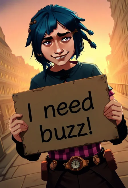 masterpiece, need_buzz, holding sign, Powd3r, young-jinx, league of legends, 1girl,, smirk, steampunk city background, sunset, cinematic lighting, dutch angle, 2D