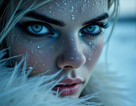 . A surreal close-up of a womanâs face, covered in crystalized frost, with delicate shards of glass reflecting light, creating an dreamlike atmosphere. , <lora:bv-close-up-enhancer.safetensors:1.0:1.0>