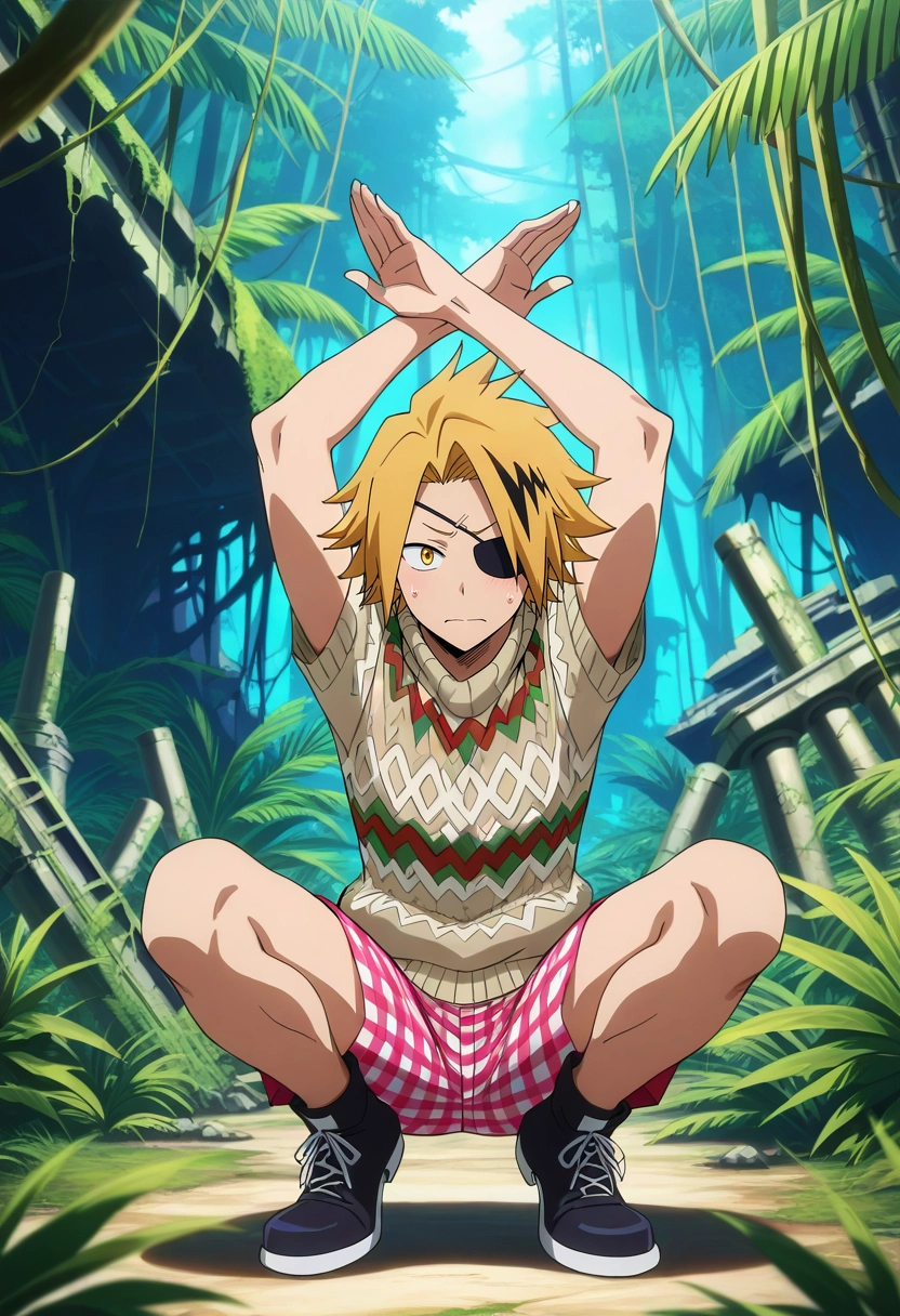 masterpiece, best quality, , anime screencap, anime coloring, , looking at viewer, , 1boy, solo, male focus, <lora:denki_kaminari_ilxl:0.96>, denki_kaminari, blonde hair, yellow eyes, short hair, spiked hair, multicolored hair, two-tone hair, streaked hair, rule of thirds, jungle, rainforest, ruins, midnight, arms above head, nervous, Eyelet Gingham SkyBlue Pleated shorts, Organza Aztec Sweater, Cap-toe shoes, , Eye Patch