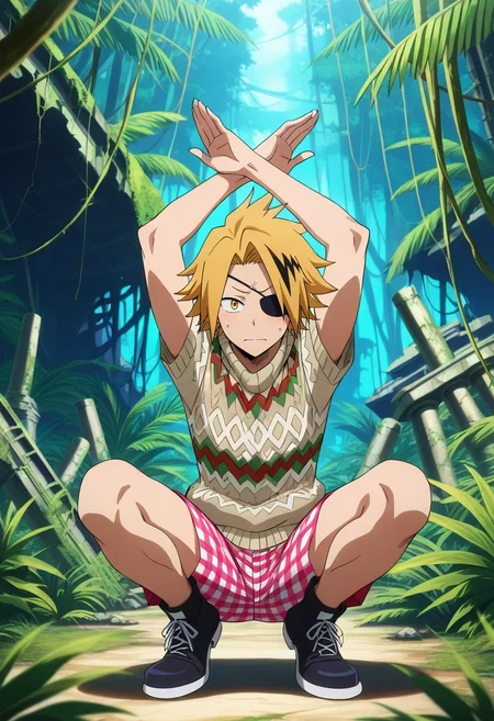 masterpiece, best quality, , anime screencap, anime coloring, , looking at viewer, , 1boy, solo, male focus, <lora:denki_kaminari_ilxl:0.96>, denki_kaminari, blonde hair, yellow eyes, short hair, spiked hair, multicolored hair, two-tone hair, streaked hair, rule of thirds, jungle, rainforest, ruins, midnight, arms above head, nervous, Eyelet Gingham SkyBlue Pleated shorts, Organza Aztec Sweater, Cap-toe shoes, , Eye Patch