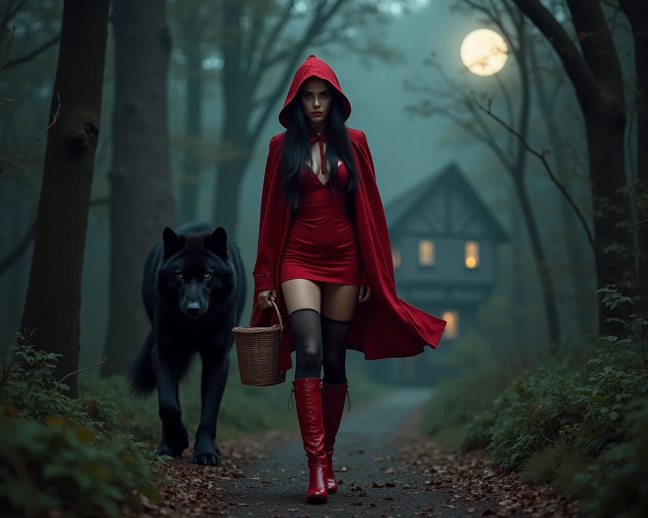 full body view raw photo of a stunningly beautiful seductive 18 yr old overly sexualized red riding hood, solo, nicely shaped legs with knee high red leather boots, black stocking, red mini-skirt, slim hips, slim waist, realistic long black hair, perky tiny breasts, large round eyes, flat chested, top hard light, creepy dark forest scene with full moon, highly detailed,  looking at viewer, sexy walking through forest, carrying a picnic basket, old english cottage in background, walking beside a huge black wolf